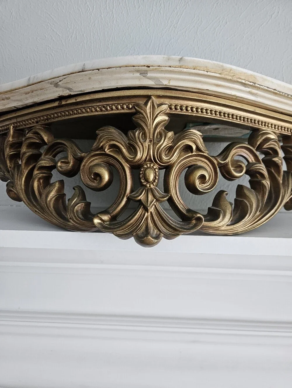 Vintage Turner Manufacturing Ornate Gold Half Moon Wall Shelf With Marble Top